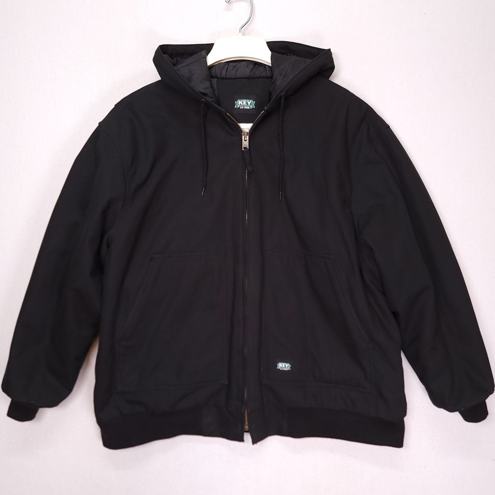 Key Industries Mens 2XLR Black Canvas Hooded Work Jacket Quilted Lined 372.01